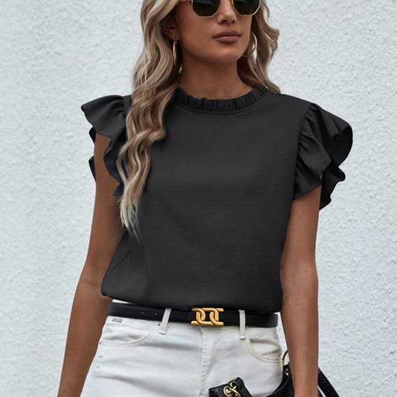 New Mock Neck Lettuce Trim Ruffle Blouse Black - Picture 4 of 7